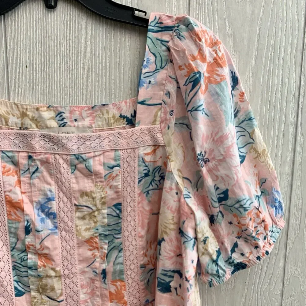 LOFT Garden Lacy Tiered Pink Square Neck Short Sleeve Top Size Medium